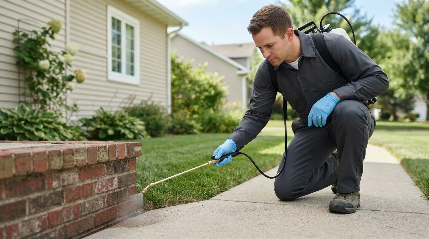 Pest control technician treating a home near Hedley, TX