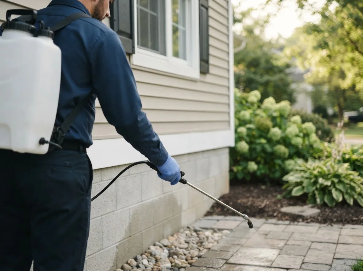 Pest control technician inspecting a home in Hedley, TX